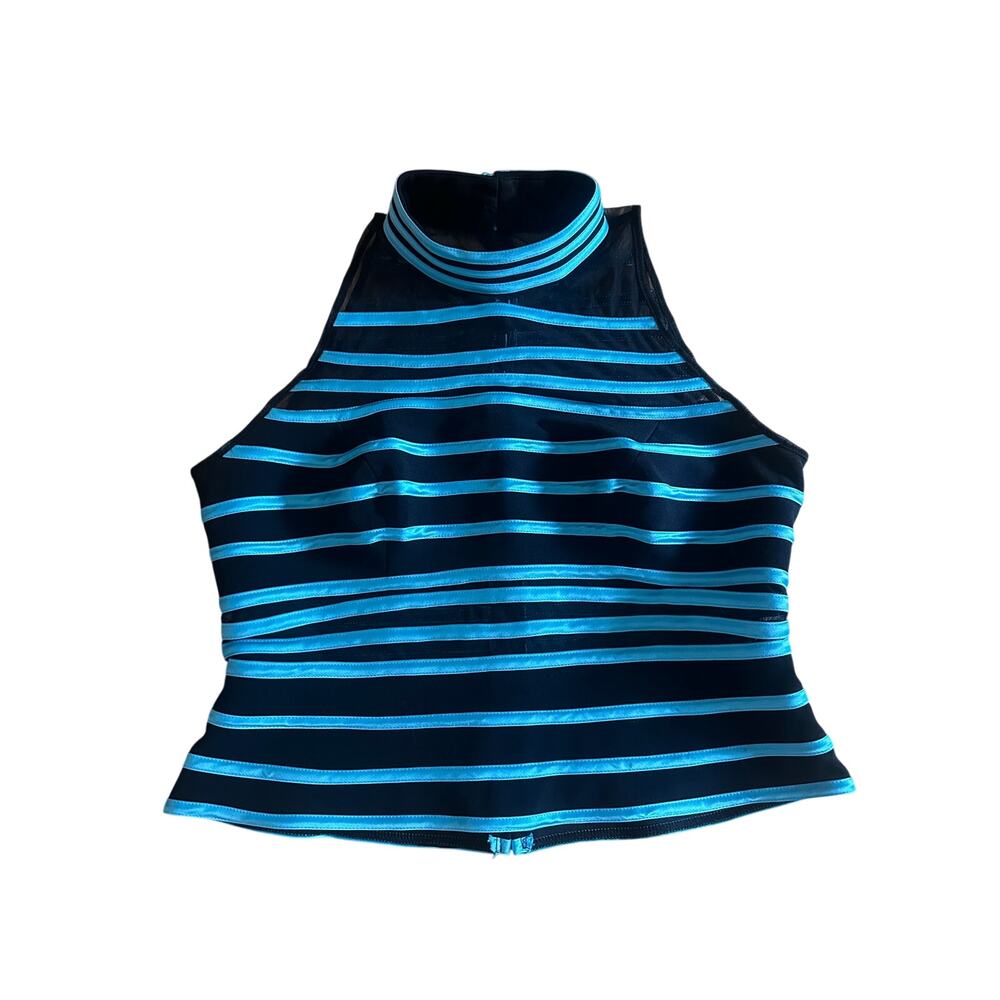 JS Collection Black and Blue Striped Mesh Mock Neck Top Size 14
